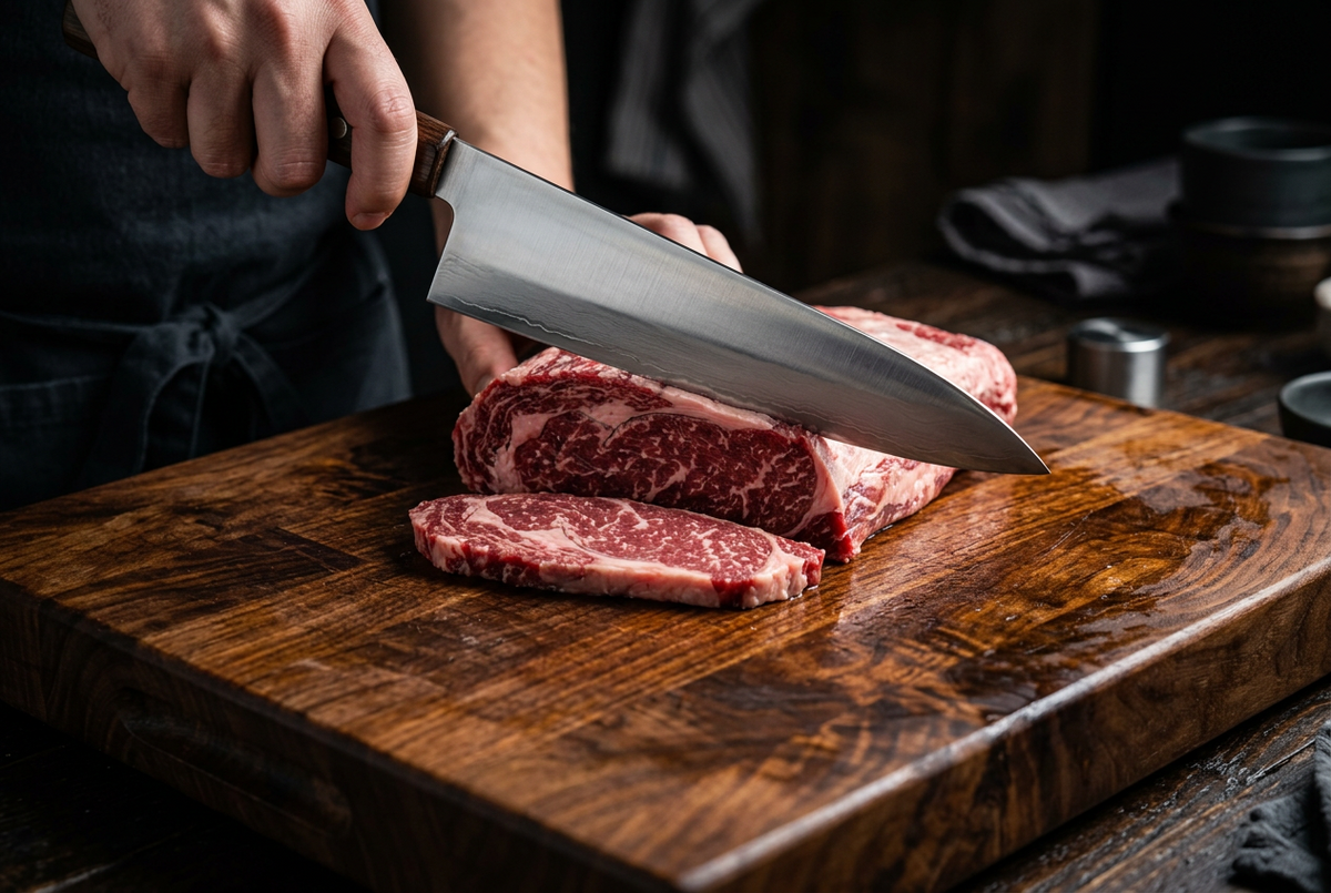 Japanese kitchen knife on a butcher block