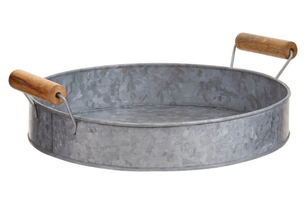 Round galvanised steel tray with wood handles by Drummond, view 2