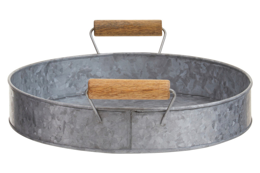 Round galvanised steel tray with wood handles by Drummond, view 3