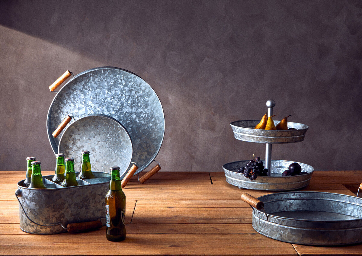 Round galvanised steel tray with wood handles by Drummond, view 8