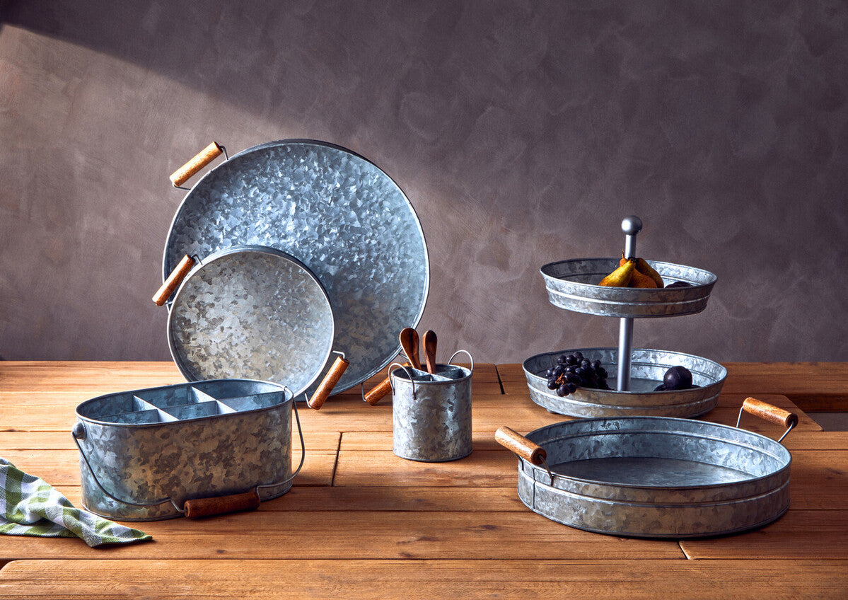 Round galvanised steel tray with wood handles by Drummond, view 10