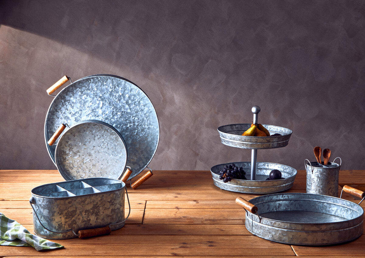 Round galvanised steel tray with wood handles by Drummond, view 11
