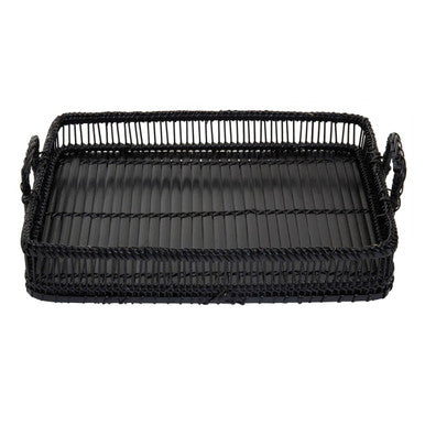 Black rattan and bamboo rectangular tray by Ezell, view 2