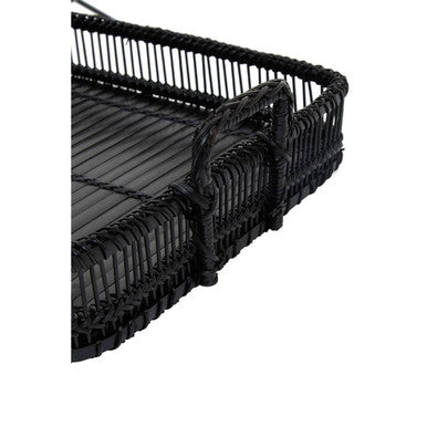 Black rattan and bamboo rectangular tray by Ezell, view 5