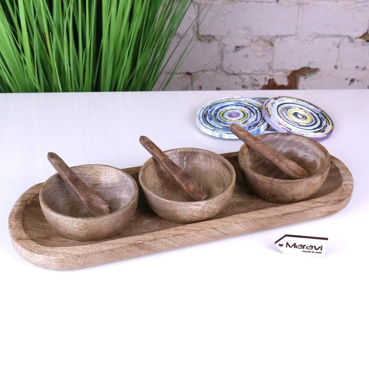 Karuna Mango Wood Bowl Set with Tray by Maravi