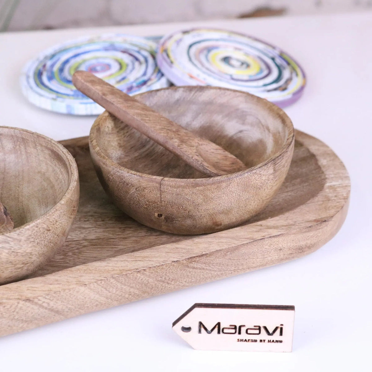Karuna Mango Wood Bowl Set with Tray by Maravi
