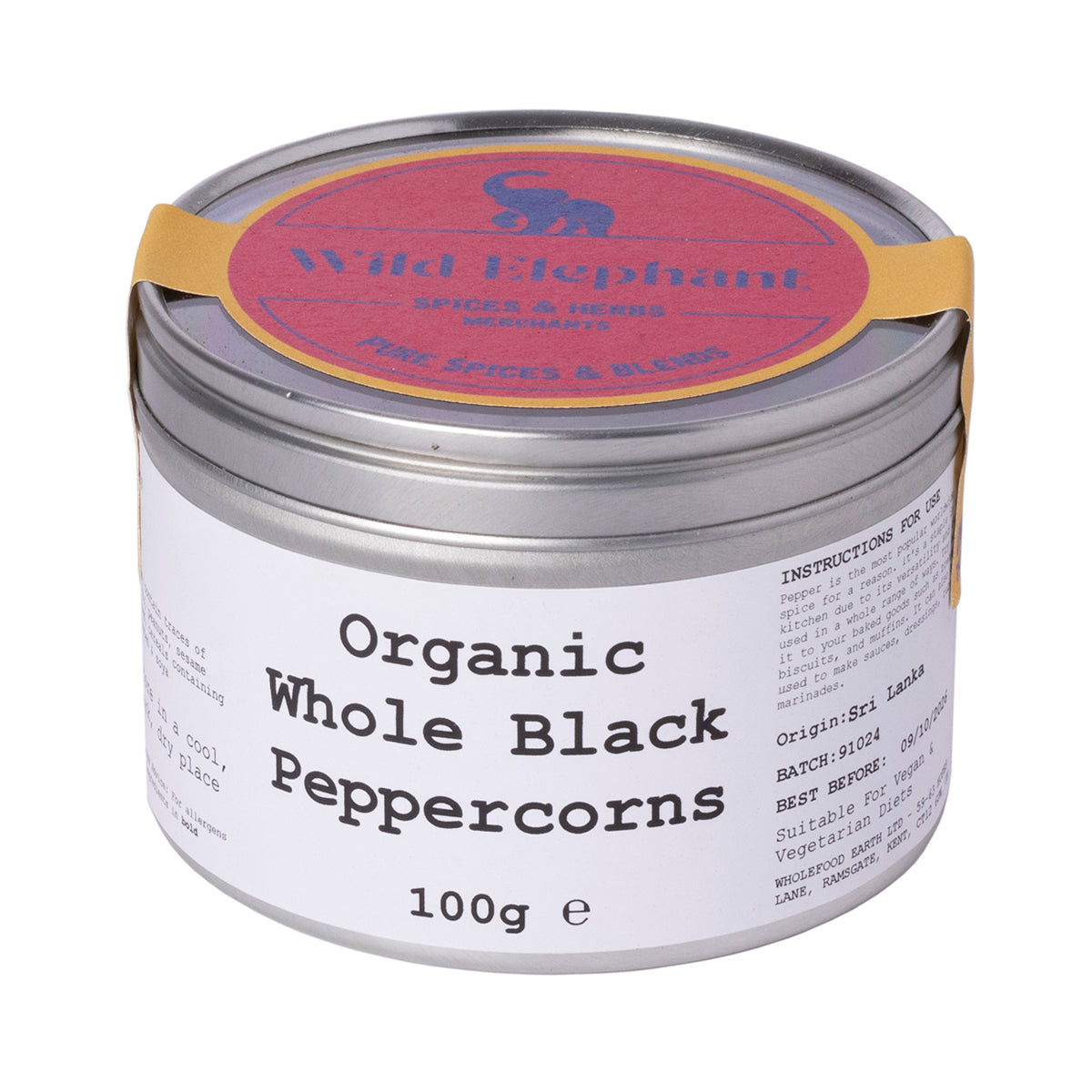 Organic Whole Black Peppercorns by Wild Elephant