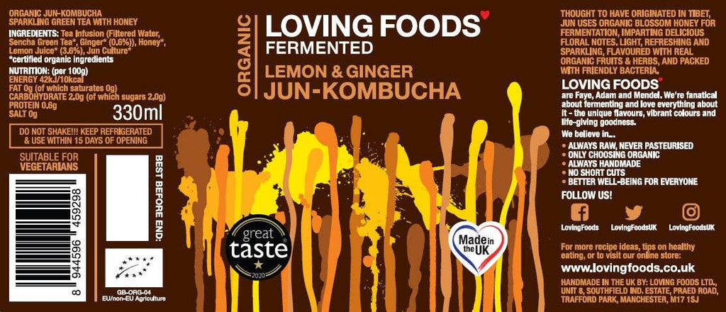 Organic Jun Kombucha Lemon and Ginger 330ml bottle, view 2